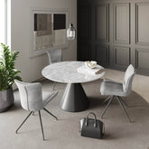 Alessio Light Grey Ceramic Ext Round Dining Table with 4 Amber Chairs - Pendle Village Furniture